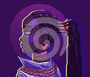 Futuristic portrait of a black woman. Vivid neon lighting  colors. Afrofuturism