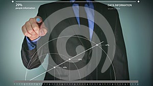 Futuristic portrait of a businessman uses a career chart, a hologram, a diagram, in a suit, makes a finger click. Concept: future,