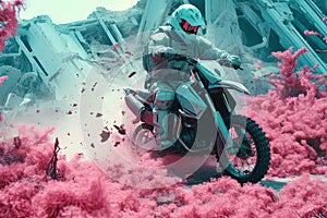 Futuristic post-apocalypse action scene with hero in sci-fi style. Vaporwave surreal shot with pink and blue smoke