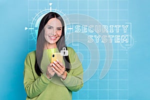 Futuristic poster banner collage of lady turn on phone ho through face identification high quality security from hackers