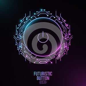 Futuristic power button with computer circuit board. HUD interface elements. UI Concept. Cyber purple and blue neon switch.