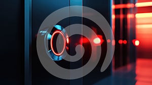 Futuristic power button glowing red in server rack