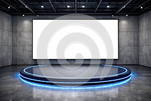 Futuristic Stage with Blank Screen and Blue Neon Lights