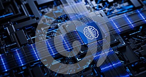 Futuristic Processor with Brain Symbol - Artificial Intelligence and Deep Machine Learning