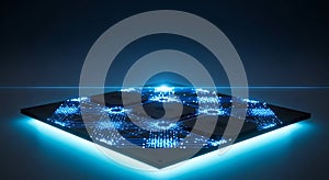 Futuristic processor with bright blue data pathways