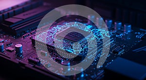 Futuristic processor chip on a neon PCB matrix