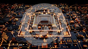 Futuristic Processor: Motherboard Circuitry Background For AI, Quantum Computing Concepts