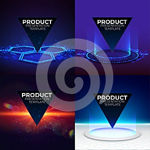 Futuristic product stands set. Podium template for pc gaming accessories. Abstract hi-tech backgrounds for display