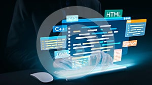 Futuristic Programmer Writing Code in Various Programming Languages with Holographic Interface and Keyboard Displaying