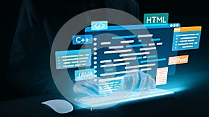 Futuristic Programmer Writing Code in Various Programming Languages with Holographic Interface and Keyboard Displaying