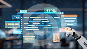 Futuristic Programming Interface with Robot Hand Displaying Multiple Coding Languages and Technologies in Modern