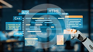 Futuristic Programming Interface with Robot Hand Displaying Multiple Coding Languages and Technologies in Modern
