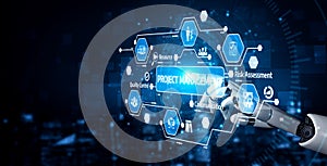 Futuristic Project Management Interface with Data Visualization and Robotic Hand Interacting with Digital Tools for