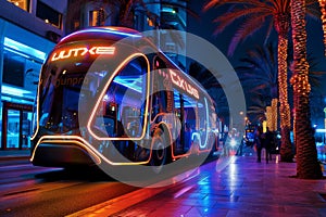 Futuristic public bus illuminated at night