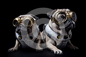 Futuristic pug dogs pet wearing inventive goggles. Generate ai