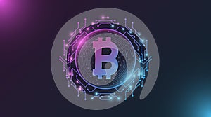 Futuristic purple and blue glowing Bitcoin digital currency. Computer CPU. Concept of cryptocurrency mining. Hi-tech design