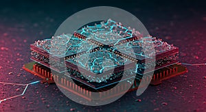 Futuristic quad chiplet processor in neon light