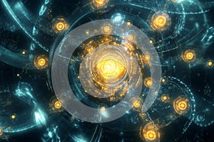 A futuristic quantum AI-powered interface, displaying glowing cybernetic encryption nodes, pulsating