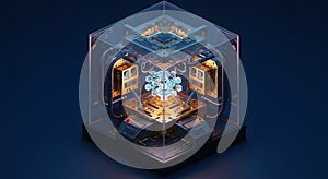 Futuristic Quantum Computer Core in a Transparent Cube