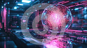 Futuristic quantum computer in a dark sci-fi setting with glowing lights and circuitry for innovative technology design photo