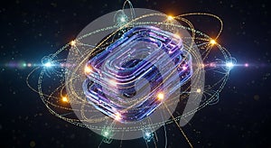 Futuristic quantum computer processor with glowing atomic orbits