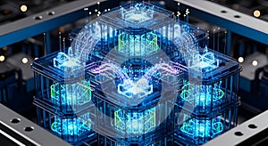 Futuristic Quantum Computer Processor with glowing blue circuits and data streams