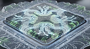 Futuristic Quantum Computer Processor with Glowing Circuitry and Data Flow, Advanced Technology Concept