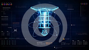 Futuristic quantum computer processor wireframe with AI data analysis interface. Digital HUD technology background for science,