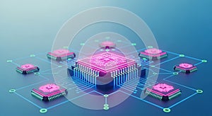 Futuristic quantum computing chip with glowing circuitry and network connections