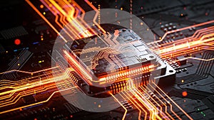 Futuristic Quantum Computing Processor Chip with Glowing Neon Circuits