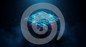 Futuristic quantum cube radiating cyan energy