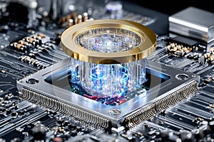 Quantum processor core with advanced technology and shimmering lights on circuit board