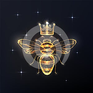 Futuristic Queen bee concept with gold glowing polygonal honeybee and crown on black background