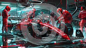 Futuristic race car pit stop with team in action, high-tech motorsport maintenance, speed and precision conceptual image