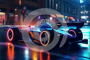 Futuristic race car on the street. light effect 3d rendering. generative ai