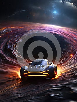 Futuristic race cars blazing through the boundless expanse of a distant galaxy