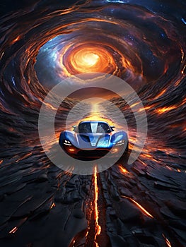 Futuristic race cars blazing through the boundless expanse of a distant galaxy