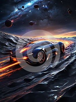 Futuristic race cars blazing through the boundless expanse of a distant galaxy