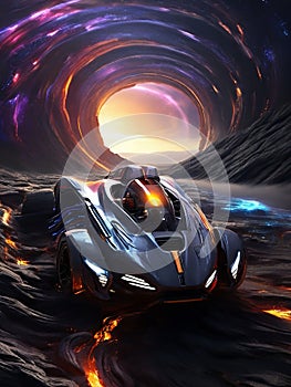 Futuristic race cars blazing through the boundless expanse of a distant galaxy