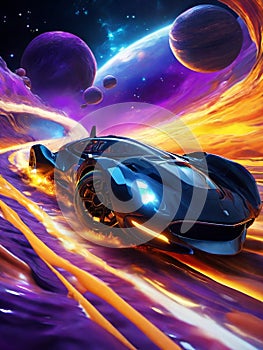 Futuristic race cars blazing through the boundless expanse of a distant galaxy