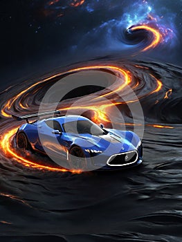 Futuristic race cars blazing through the boundless expanse of a distant galaxy