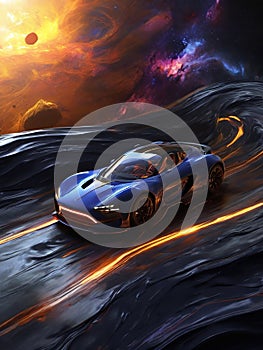 Futuristic race cars blazing through the boundless expanse of a distant galaxy