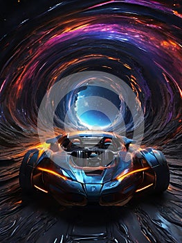 Futuristic race cars blazing through the boundless expanse of a distant galaxy