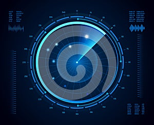 Futuristic radar. Military navigate sonar, army target monitoring screen and radar vision interface map vector isolated