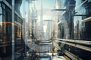 Futuristic Railway glass skyscrapers. Generate Ai