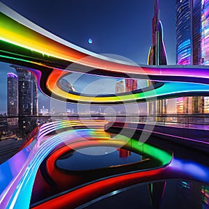 Futuristic Rainbow Walkway Reflects in Cityscape at Dusk: A Vision of Tomorrow