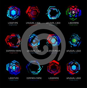 Futuristic reactor abstract colorful vector logo template. Innovative technologies digital design effect logos set on