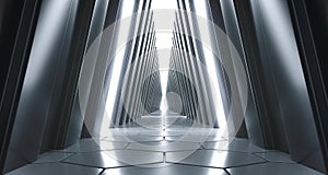 Futuristic Realistic Sci-FI Corridor With White Lights And Reflections. 3D Rendering