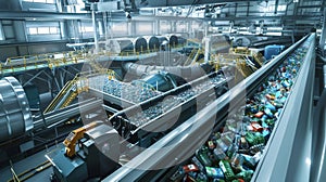 A futuristic recycling plant utilizing robotics and automation to sort clean and process recyclables at high speeds in a photo