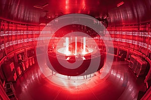 Futuristic Red Hued Laboratory with High Tech Equipment and Glowing Lights for Advanced Scientific Research